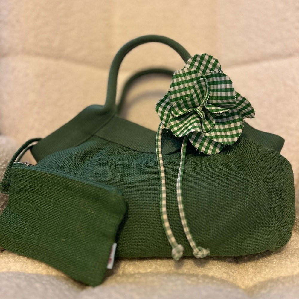 Unique & Stylish Emerald Green Linen and Cotton Handbag and Matching Pouch Set